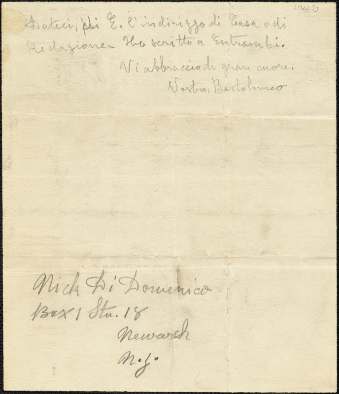 Bartolomeo Vanzetti autographed note signed to Nick Di Domenico, [Charlestown, 1922?]