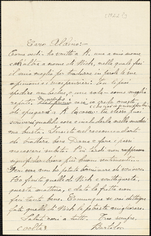 Bartolomeo Vanzetti autographed letter signed to Aldino Felicani, [Charlestown, 1922?]