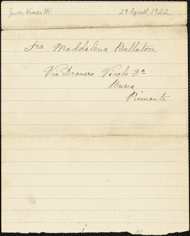 Bartolomeo Vanzetti autographed letter signed to Maddalena Ballatore, Charlestown, 29 April 1922