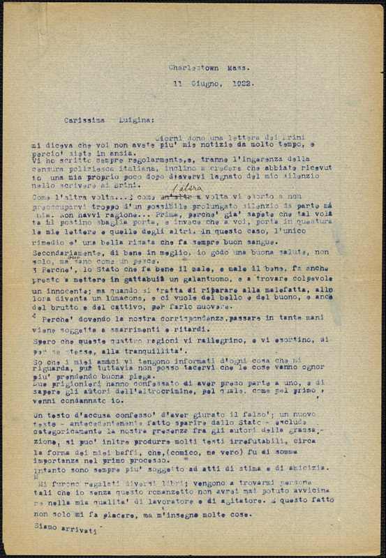 Bartolomeo Vanzetti typed letter (copy) to Luigia Vanzetti, Charlestown, 11 June 1922