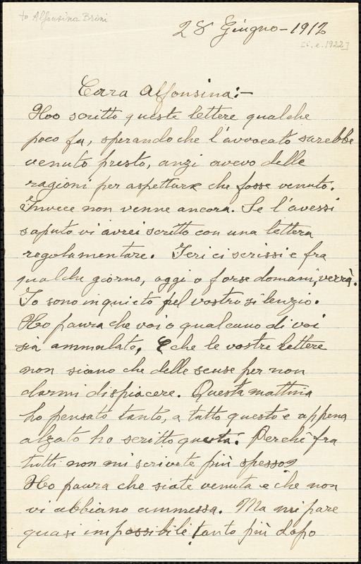 Bartolomeo Vanzetti autographed letter signed to Alfonsina [Brini], [Charlestown], 28 June 1912 [i.e. 1922]