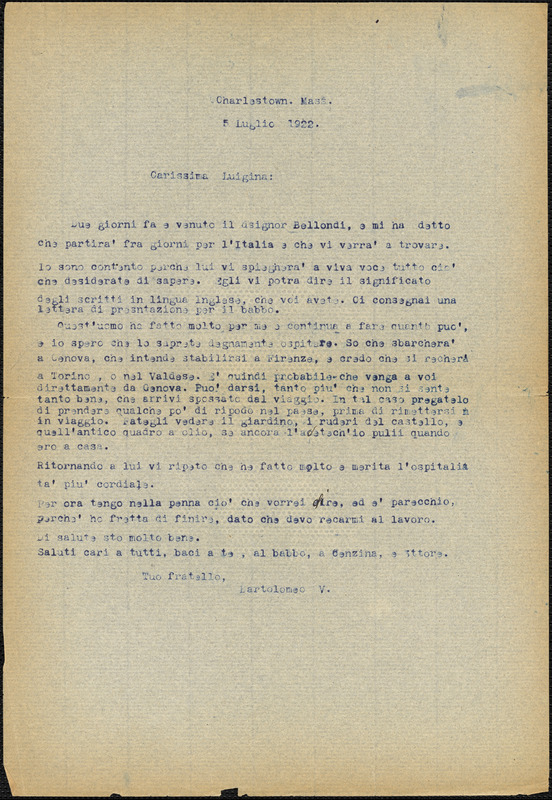 Bartolomeo Vanzetti typed letter (copy) to Luigia Vanzetti, [Charlestown], 5 July 1922