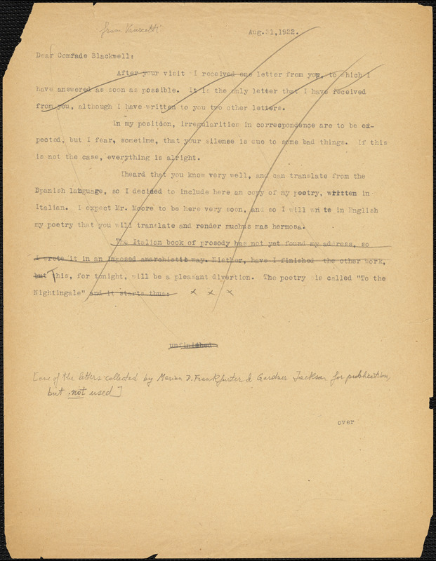 Bartolomeo Vanzetti typed letter (incomplete copy) to Alice Stone Blackwell, [Charlestown], 31 August 1922 ; Bartolomeo Vanzetti typed letter to Alice Stone Blackwell, Charlestown, 7 January 1924