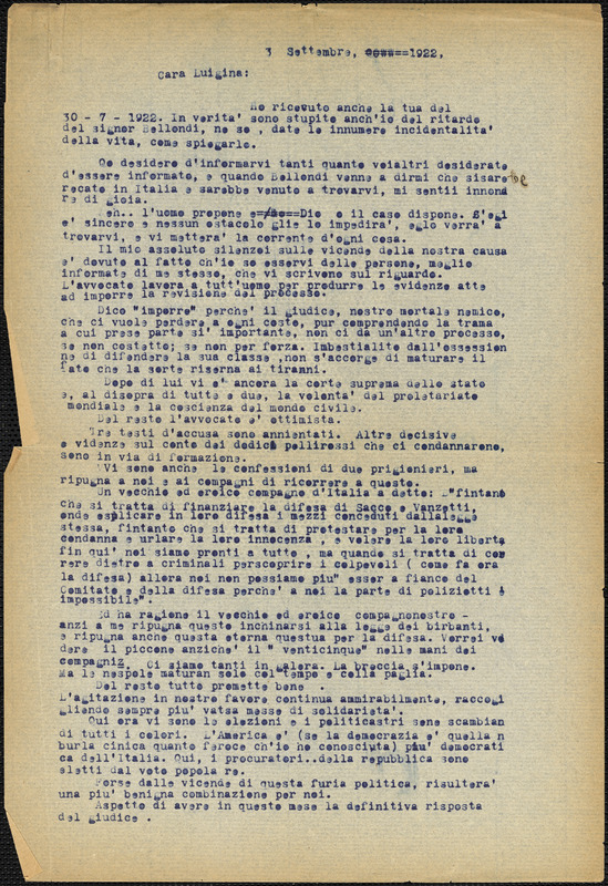 Bartolomeo Vanzetti typed letter (copy) to Luigia Vanzetti, [Charlestown], 3 September 1922