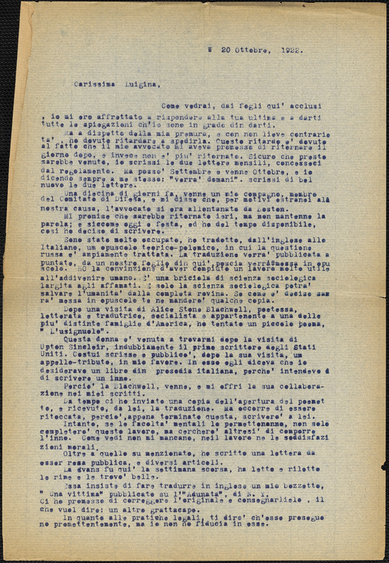 Bartolomeo Vanzetti typed letter (copy) to Luigia Vanzetti, [Charlestown], 20 October 1922