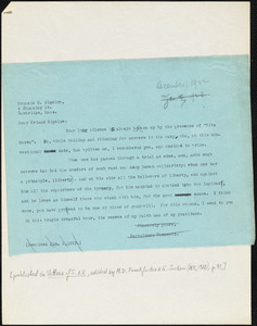 Bartolomeo Vanzetti typed note (copy) to Francis H. Bigelow, [Charlestown], December 1922