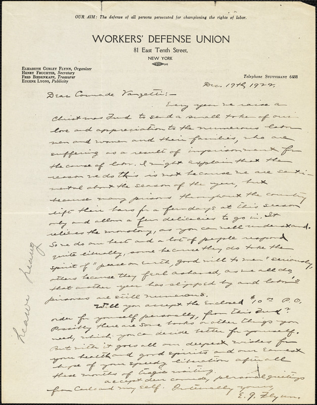 Elizabeth Gurley Flynn autographed letter signed to Bartolomeo Vanzetti, New York, 19 December 1922