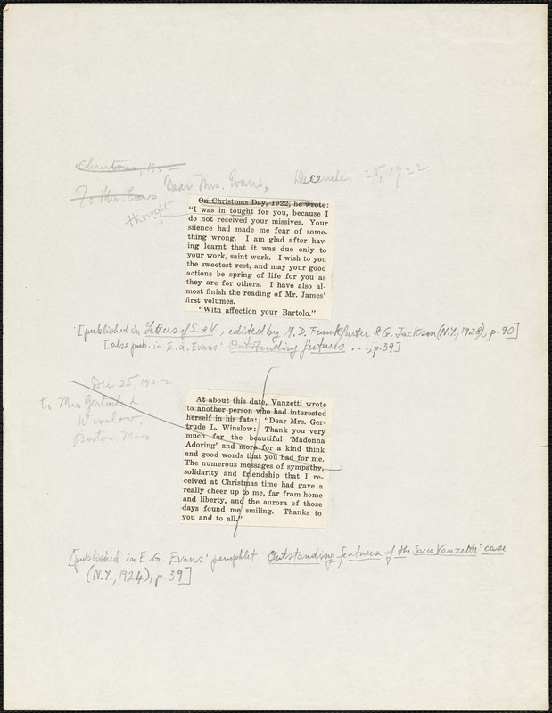 Bartolomeo Vanzetti printed note to [Elizabeth Glendower Evans], [Charlestown], 26 December 1922 ; Bartolomeo Vanzetti printed note to Gertrude L. Winslow, [Charlestown, ca. 25 December 1922]