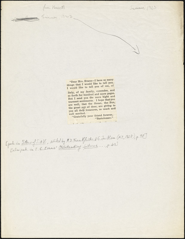 Bartolomeo Vanzetti printed note to Elizabeth Glendower Evans, [Charlestown], Summer 1923