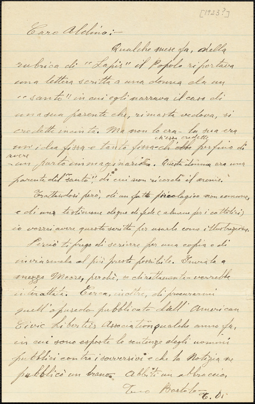 Bartolomeo Vanzetti autographed letter signed to Aldino Felicani, [Charlestown], 1923?