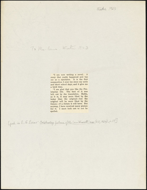 Bartolomeo Vanzetti printed extract from a letter to [Elizabeth Glendower Evans], [Charlestown, Winter 1923]