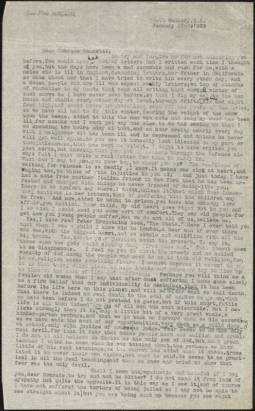 Elsie Hillsmith typed letter signed to Bartolomeo Vanzetti, South Danbury, N.H., 23 Jan 1923