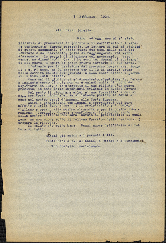 Bartolomeo Vanzetti typed letter (copy) to Luigia Vanzetti, [Charlestown, February 1923]