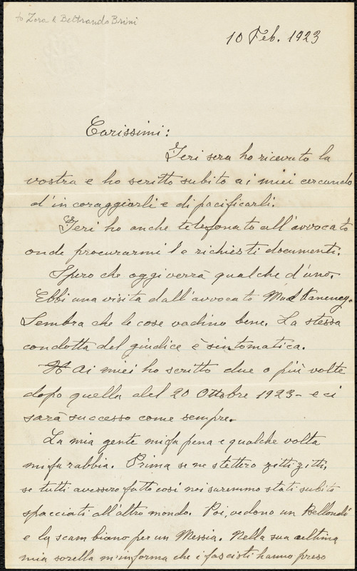 Bartolomeo Vanzetti autographed letter signed to Zorin [i.e. Zora] and B[eltrando Brini], [Charlestown], 10 February 1923