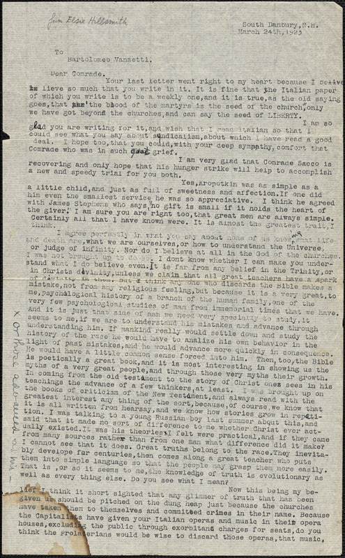 Elise Hillsmith typed letter signed to Bartolomeo Vanzetti, South Danbury, N.H., 24 March 1923