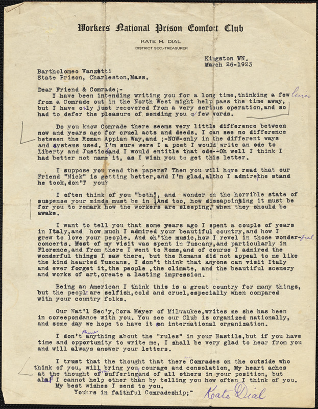 Kate M. Dial typed letter signed to Bartolomeo Vanzetti, Kingston, Wash., 26 March 1923