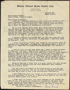 Kate M. Dial typed letter signed to Bartolomeo Vanzetti, Kingston, Wash., 26 March 1923
