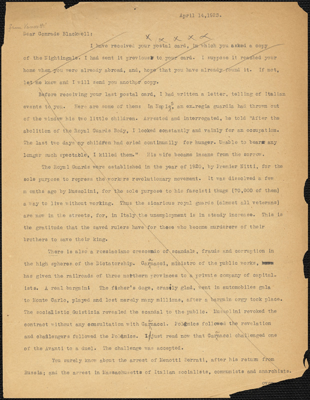 Bartolomeo Vanzetti typed letter (copy) to Alice Stone Blackwell, [Charlestown], 14 April 1923