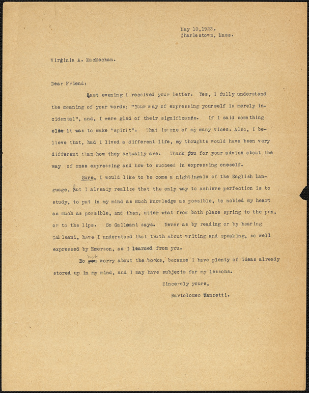 Bartolomeo Vanzetti typed letter (copy) to Virginia A. MacMechan, Charlestown, 10 May 1923