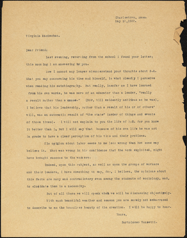 Bartolomeo Vanzetti typed letter (copy) to Virginia A. MacMechan, Charlestown, 18 May 1923