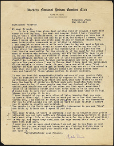 Kate M. Dial typed letter signed to Bartolomeo Vanzetti, Kingston, Wash., 23 May 1923