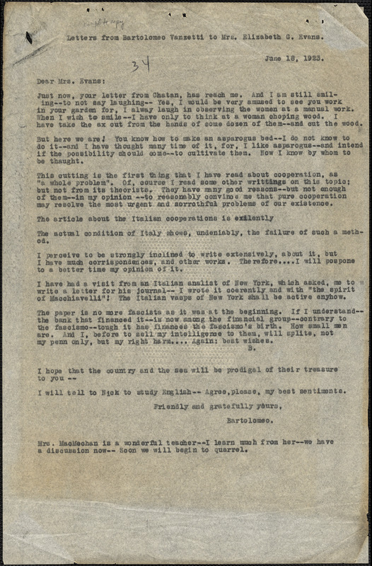 Bartolomeo Vanzetti typed letter (copy) to Elizabeth Glendower Evans, [Charlestown], 18 June 1923