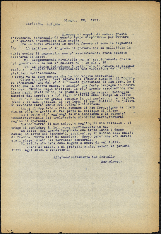 Bartolomeo Vanzetti typed letter (copy) to Luigia Vanzetti, [Charlestown], 28 June 1923