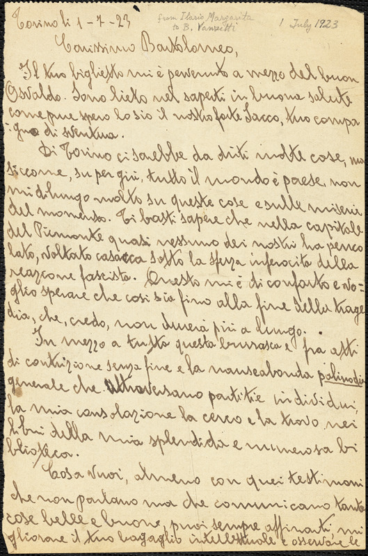 Margarita Ilario autographed letter signed to Bartolomeo Vanzetti, Torino, Italy, 1 July 1923