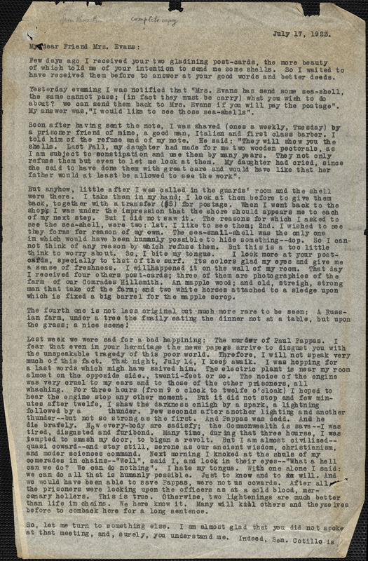 Bartolomeo Vanzetti typed letter (copy) to Elizabeth Glendower Evans, [Charlestown], 17 July 1923