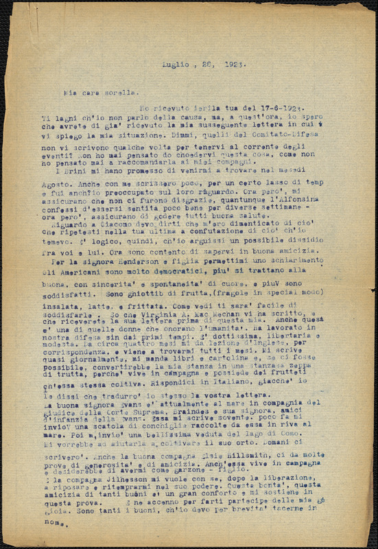 Bartolomeo Vanzetti typed letter (copy) to Luigia Vanzetti, [Charlestown], 28 July 1923