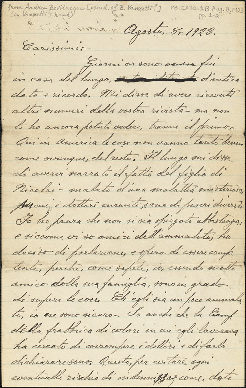Andrea Bevilacqua [pseudonym of Bartolomeo Vanzetti?] manuscript letter signed (in Vanzetti's hand), to friends, [Charlestown], 8 August 1923