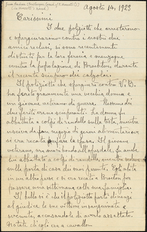 Andrea Bevilacqua [pseudonym of Bartolomeo Vanzetti?] manuscript letter signed (in Vanzetti's hand), to friends, [Charlestown], 14 August 1923