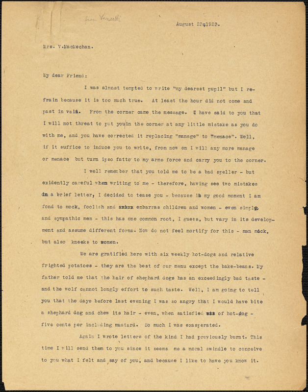 Bartolomeo Vanzetti typed letter (copy) to Virginia MacMechan, [Charlestown], 23 August 1923