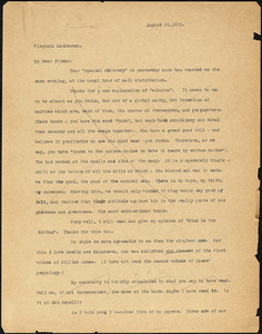 Bartolomeo Vanzetti typed letter (copy) to Virginia A. MacMechan, [Charlestown], 26 August 1923