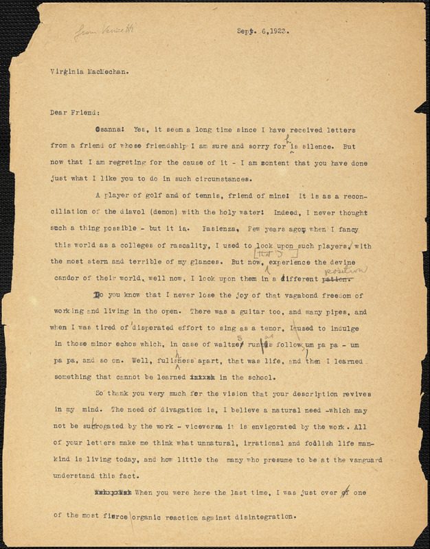 Bartolomeo Vanzetti typed letter (copy) to Virginia A. MacMechan, [Charlestown], 6 September 1923