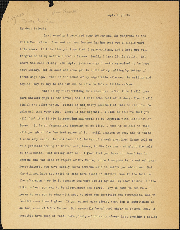 Bartolomeo Vanzetti typed letter (copy) to [Virginia A. MacMechan], [Charlestown], 15 September 1923