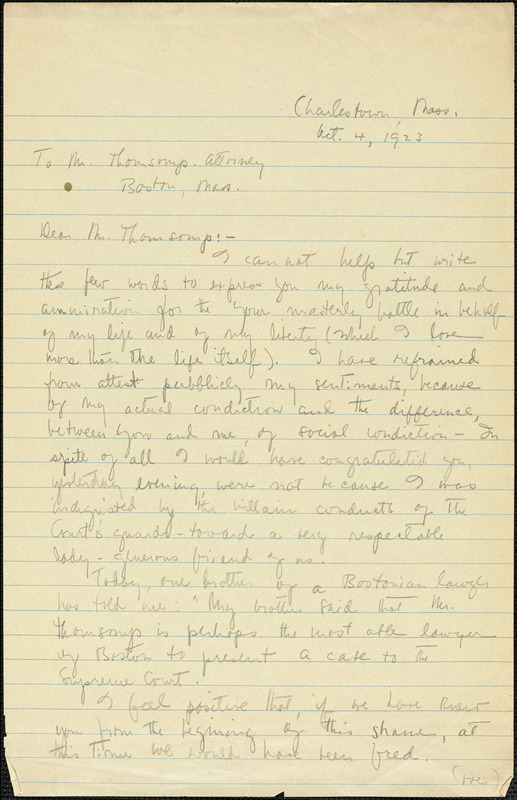 Bartolomeo Vanzetti manuscript letter (copy) to William G. Thompson, Charlestown, 3 October 1923