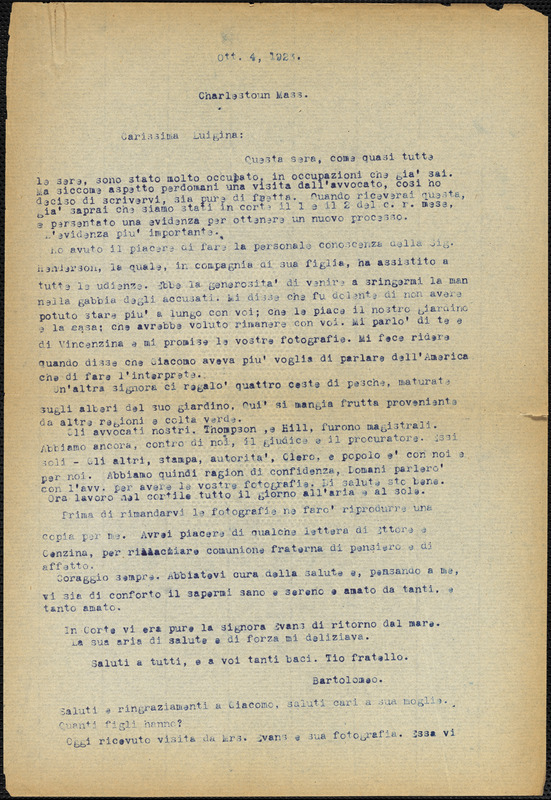 Bartolomeo Vanzetti typed letter (copy) to Luigia Vanzetti, Charlestown, 4 October 1923