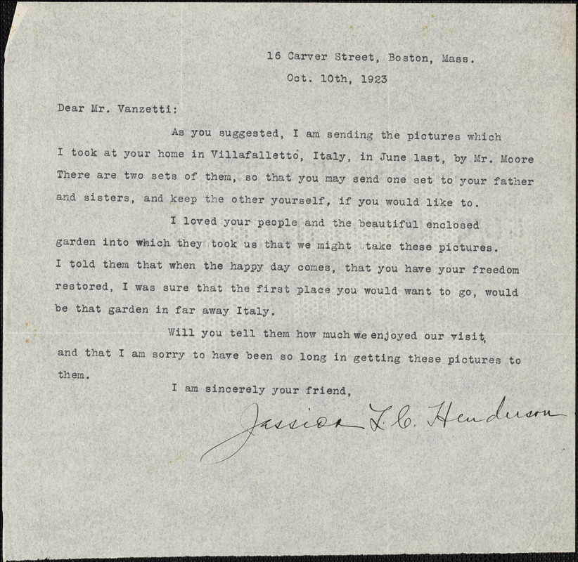 Jessica Henderson typed letter signed to Bartolomeo Vanzetti, Boston, 10 October 1923