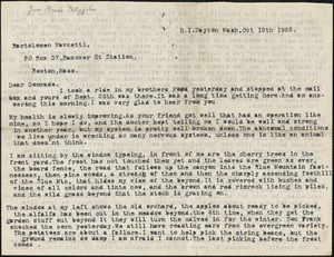 Maude Pettyjohn typed letter signed to Bartolomeo Vanzetti, Dayton, Wash., 12 October 1923