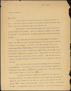 Bartolomeo Vanzetti typed letter (copy) to Virginia A. MacMechan, [Charlestown], 15 October 1923
