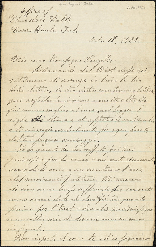 Eugene V. Debs manuscript letter. to Bartolomeo Vanzetti, Terre Haute, Ind., 16 October 1923