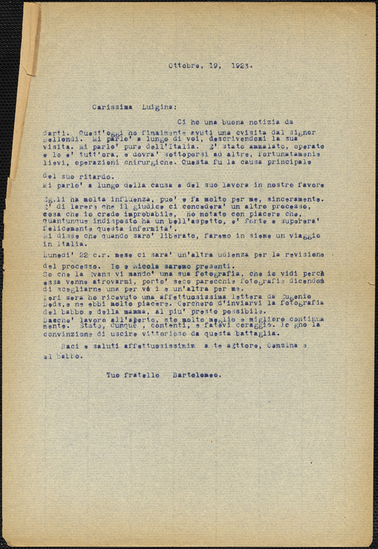 Bartolomeo Vanzetti typed letter (copy) to Luigia Vanzetti, [Charlestown], 19 October 1923