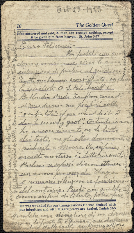 Bartolomeo Vanzetti autographed letter signed to [Aldino] Felicani, [Charlestown], 23 October 1923