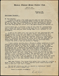 Kate M. Dial typed letter signed to Bartolomeo Vanzetti, Kingston, Wash., 27 October 1923