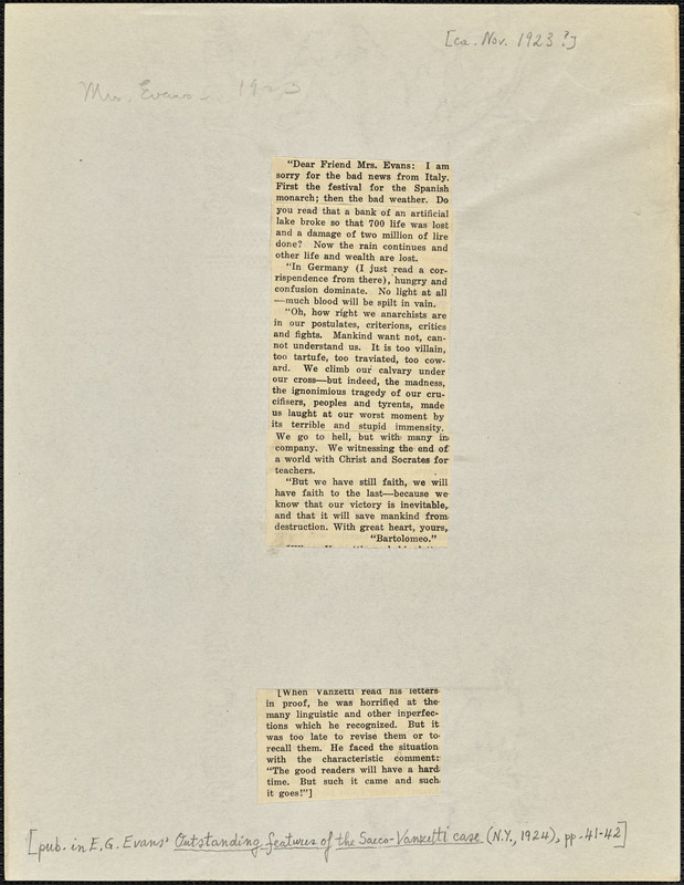 Bartolomeo Vanzetti printed extracts from two letters to [Elizabeth Glendower Evans], [Charlestown, November 1923?]