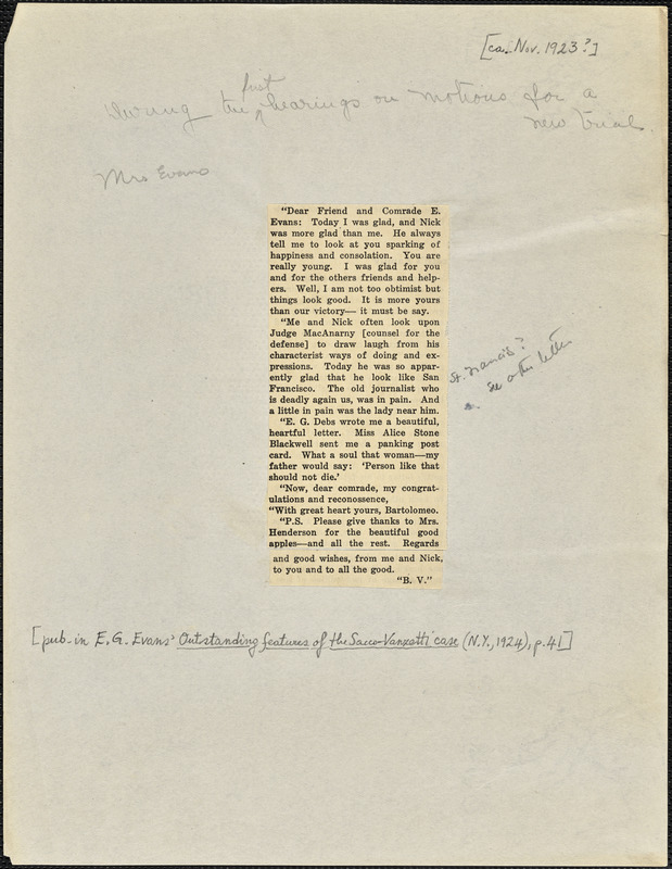 Bartolomeo Vanzetti printed letter to Elizabeth Glendower Evans, [Charlestown, November 1923?]