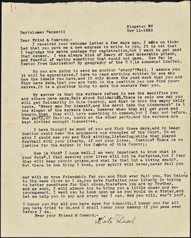 Kate M. Dial typed letter signed to Bartolomeo Vanzetti. Kingston, Wash., 11 November 1923