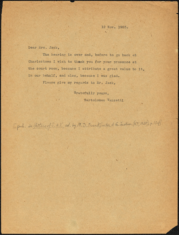 Bartolomeo Vanzetti typed note (copy) to Cerise Jack, [Dedham], 12 November 1923
