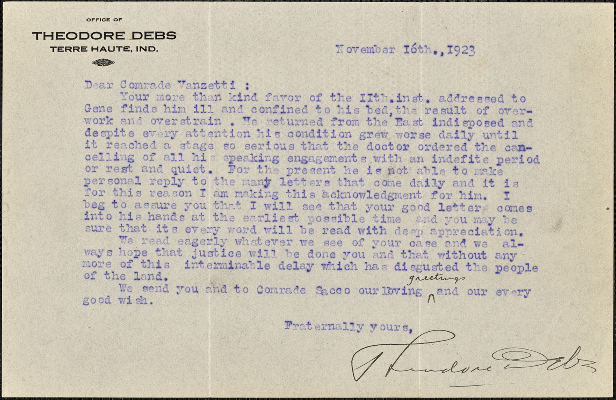 Theodore Debs typed letter signed to Bartolomeo Vanzetti, Terre Haute, Ind., 16 November 1923